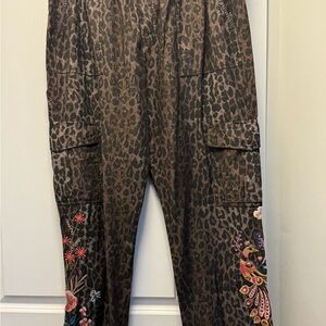 Johnny Was Floral Embroidered Leopard Print Joggers